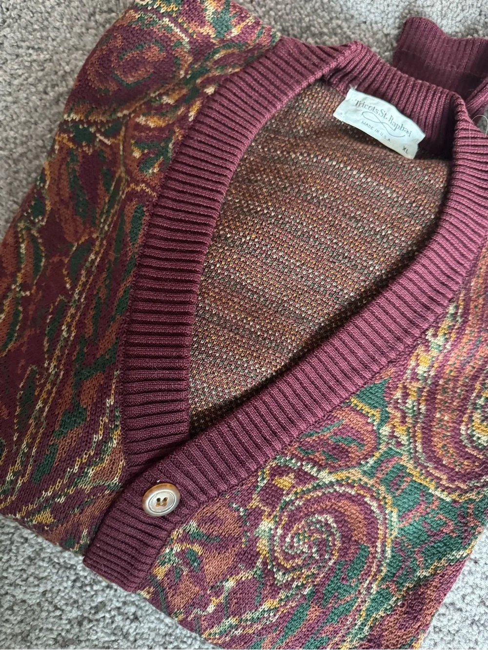 Vintage Paisley Button-Up Cardigan in Burgundy and Green